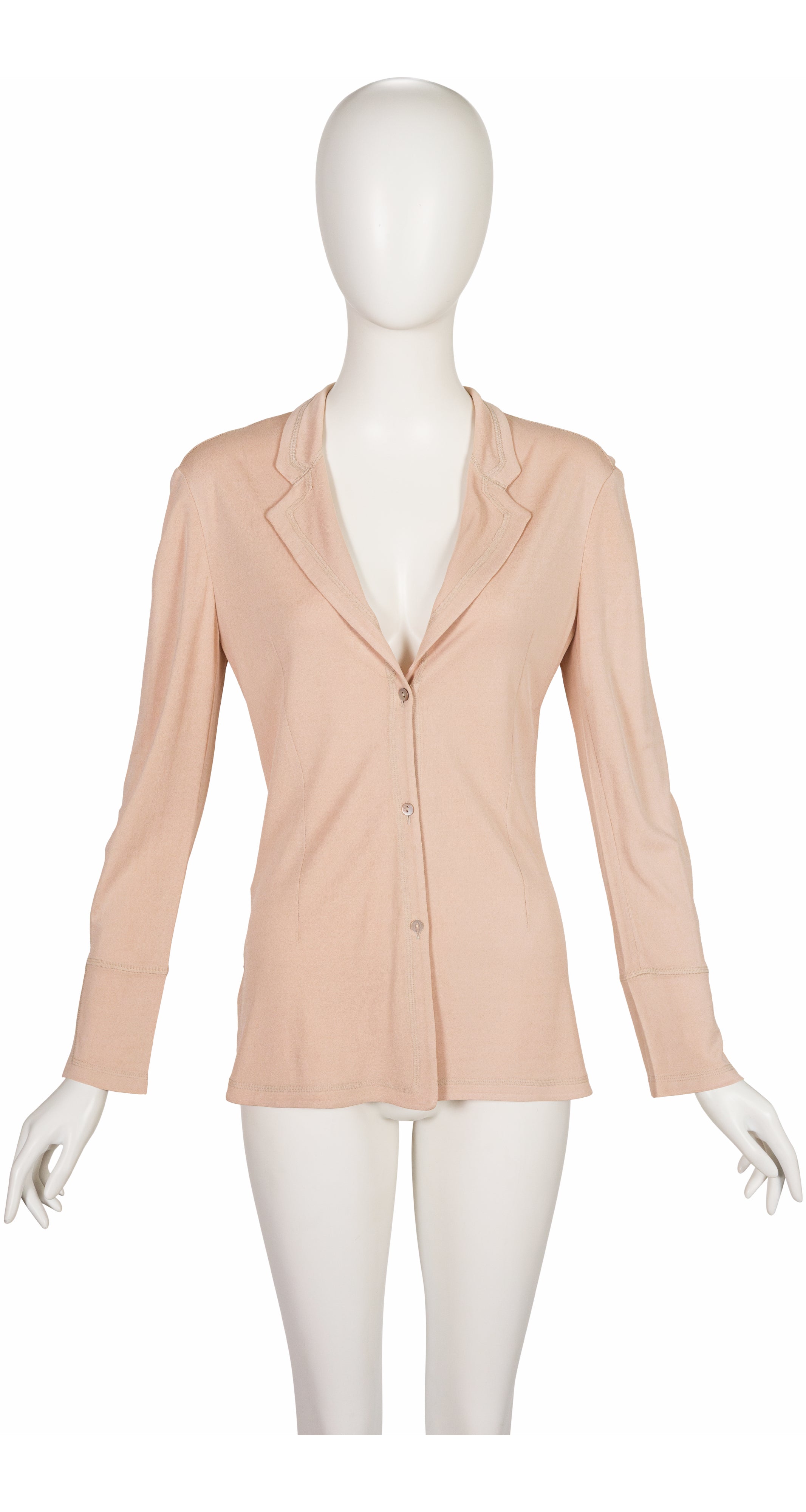 1994 S/S Beige Rayon Jersey Button-Up Top