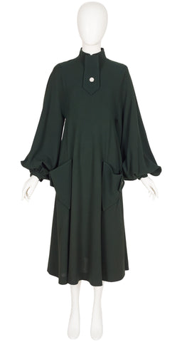 1970s Green Wool Crepe Bishop Sleeve Dress