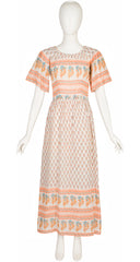 1970s Floral Block Print Cotton Gauze Maxi Dress