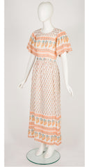 1970s Floral Block Print Cotton Gauze Maxi Dress