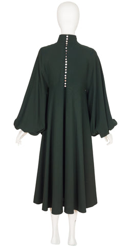 1970s Green Wool Crepe Bishop Sleeve Dress