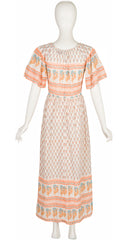 1970s Floral Block Print Cotton Gauze Maxi Dress