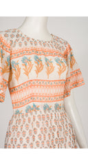 1970s Floral Block Print Cotton Gauze Maxi Dress
