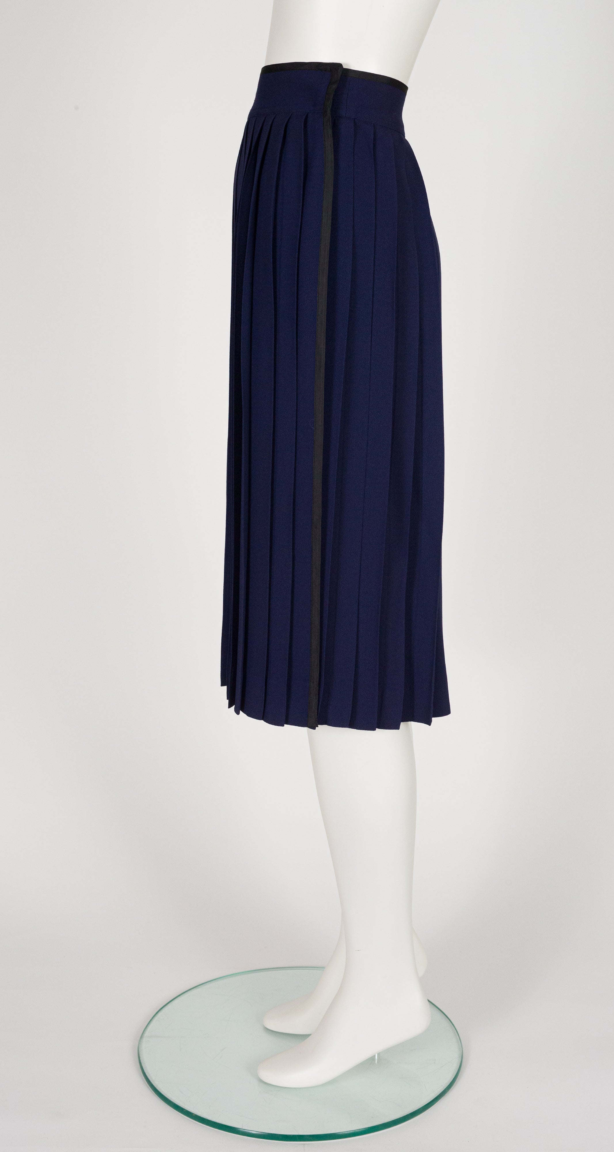 1970s Navy Rayon Crepe Knife Pleated Wrap Skirt