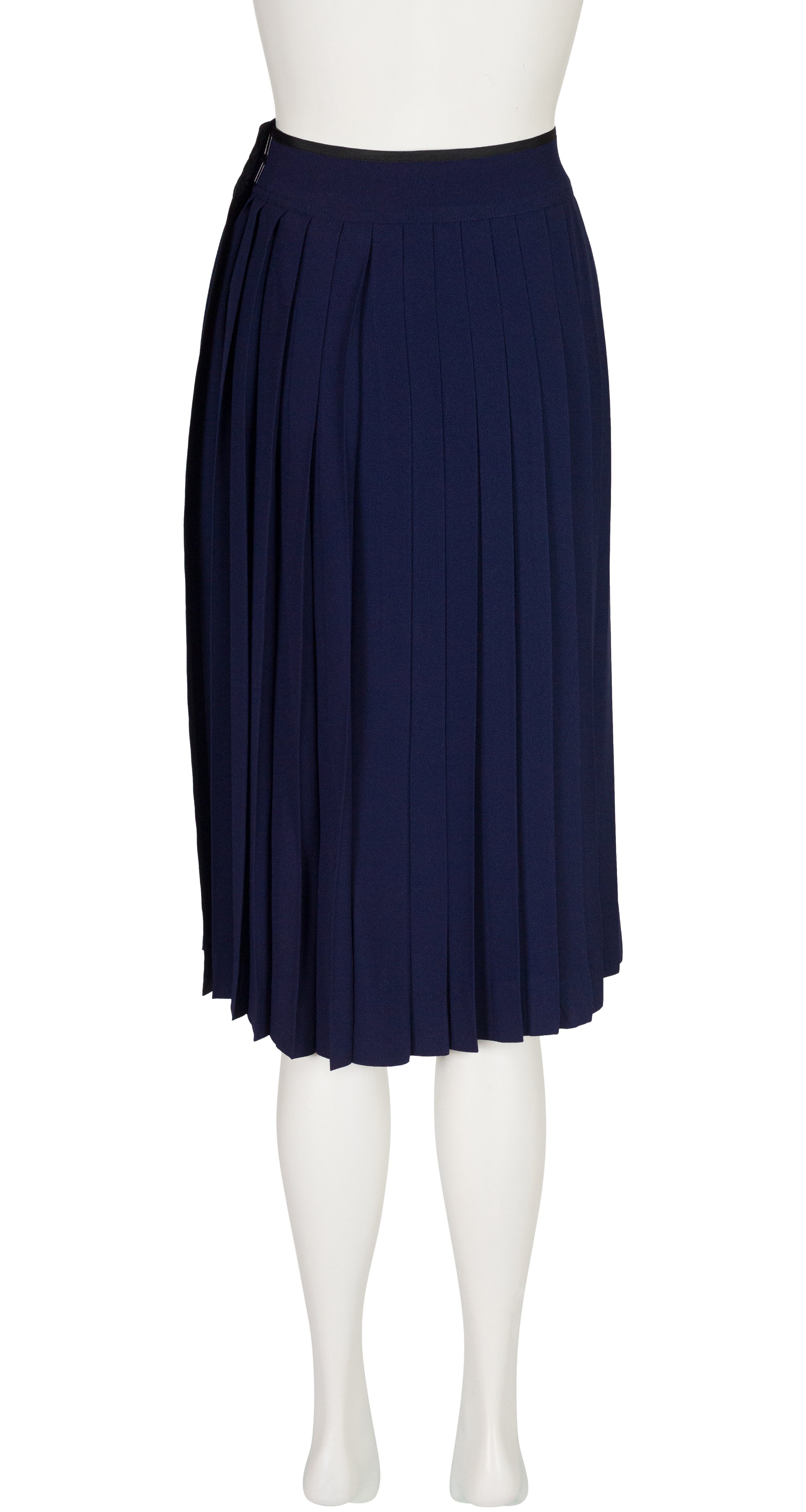 1970s Navy Rayon Crepe Knife Pleated Wrap Skirt