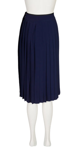 1970s Navy Rayon Crepe Knife Pleated Wrap Skirt