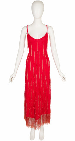 1970s Red Fringe Knit Cross-Back Evening Gown