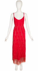 1970s Red Fringe Knit Cross-Back Evening Gown