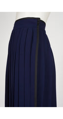 1970s Navy Rayon Crepe Knife Pleated Wrap Skirt