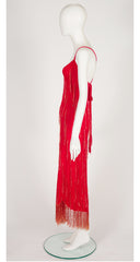 1970s Red Fringe Knit Cross-Back Evening Gown