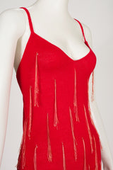 1970s Red Fringe Knit Cross-Back Evening Gown