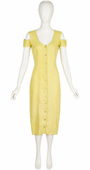 1980s Pale Chartreuse Linen Cold Shoulder Snap-Up Dress