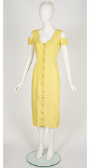 1980s Pale Chartreuse Linen Cold Shoulder Snap-Up Dress