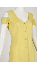 1980s Pale Chartreuse Linen Cold Shoulder Snap-Up Dress
