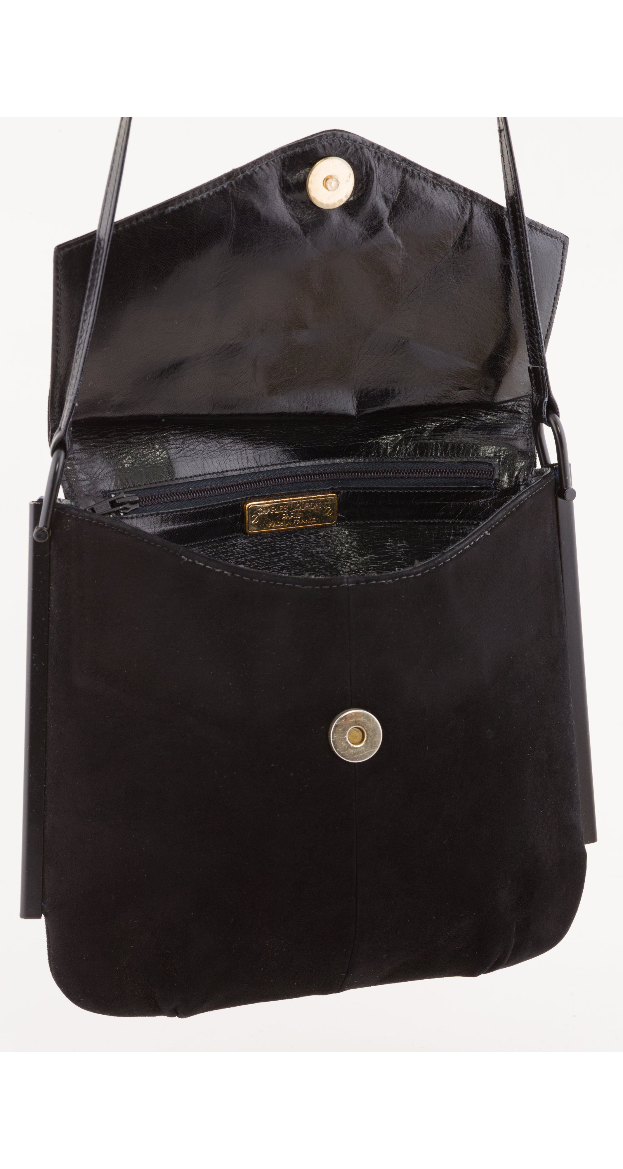 1980s Black Suede Metal Trim Crossbody Bag