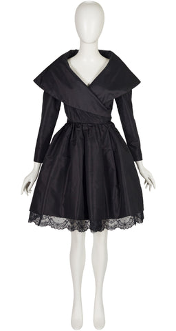 1980s Black Taffeta Shawl Collar Cocktail Dress