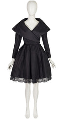 1980s Black Taffeta Shawl Collar Cocktail Dress