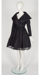 1980s Black Taffeta Shawl Collar Cocktail Dress