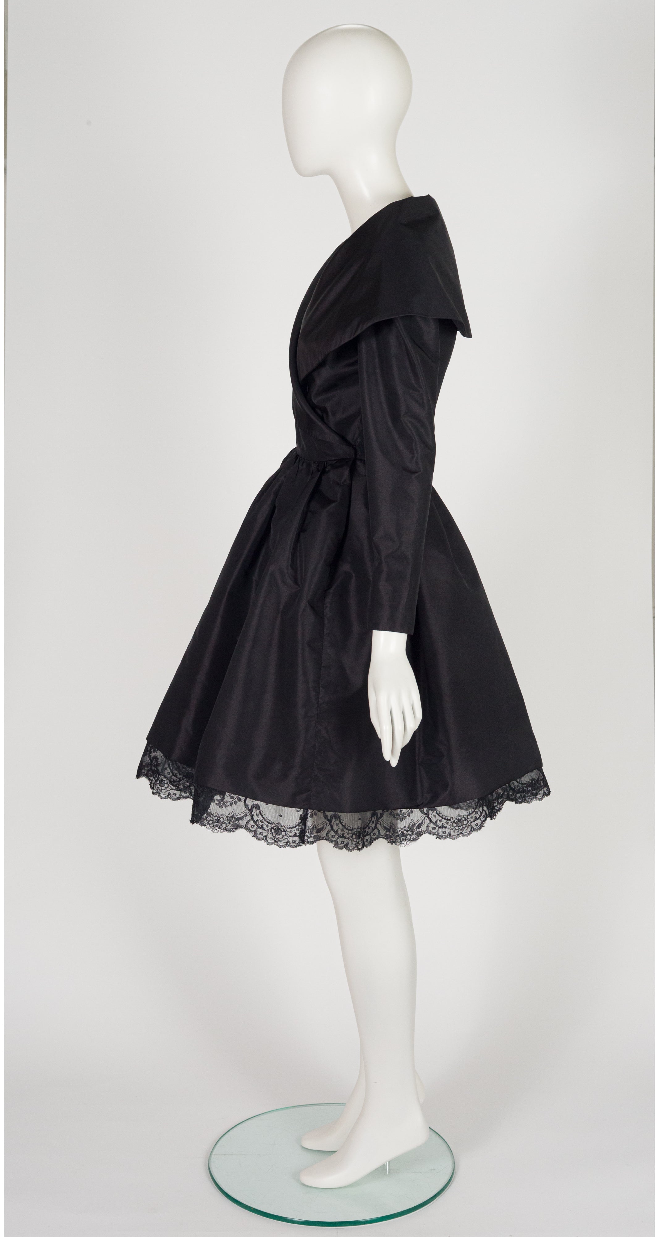 1980s Black Taffeta Shawl Collar Cocktail Dress
