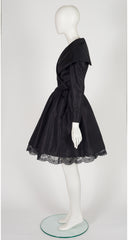 1980s Black Taffeta Shawl Collar Cocktail Dress