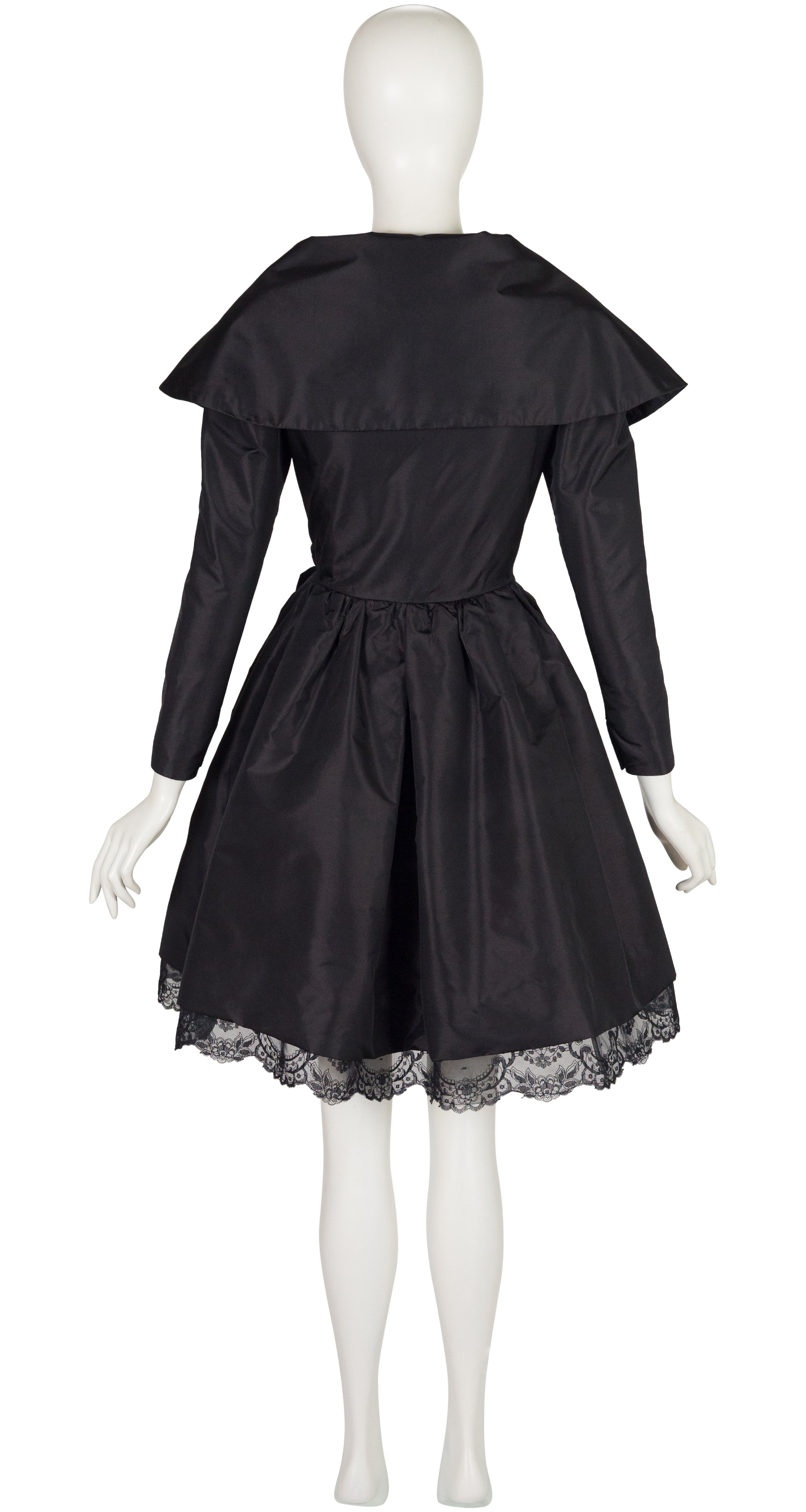 1980s Black Taffeta Shawl Collar Cocktail Dress