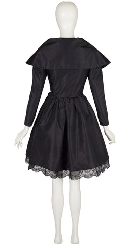 1980s Black Taffeta Shawl Collar Cocktail Dress