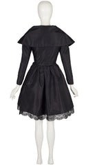1980s Black Taffeta Shawl Collar Cocktail Dress