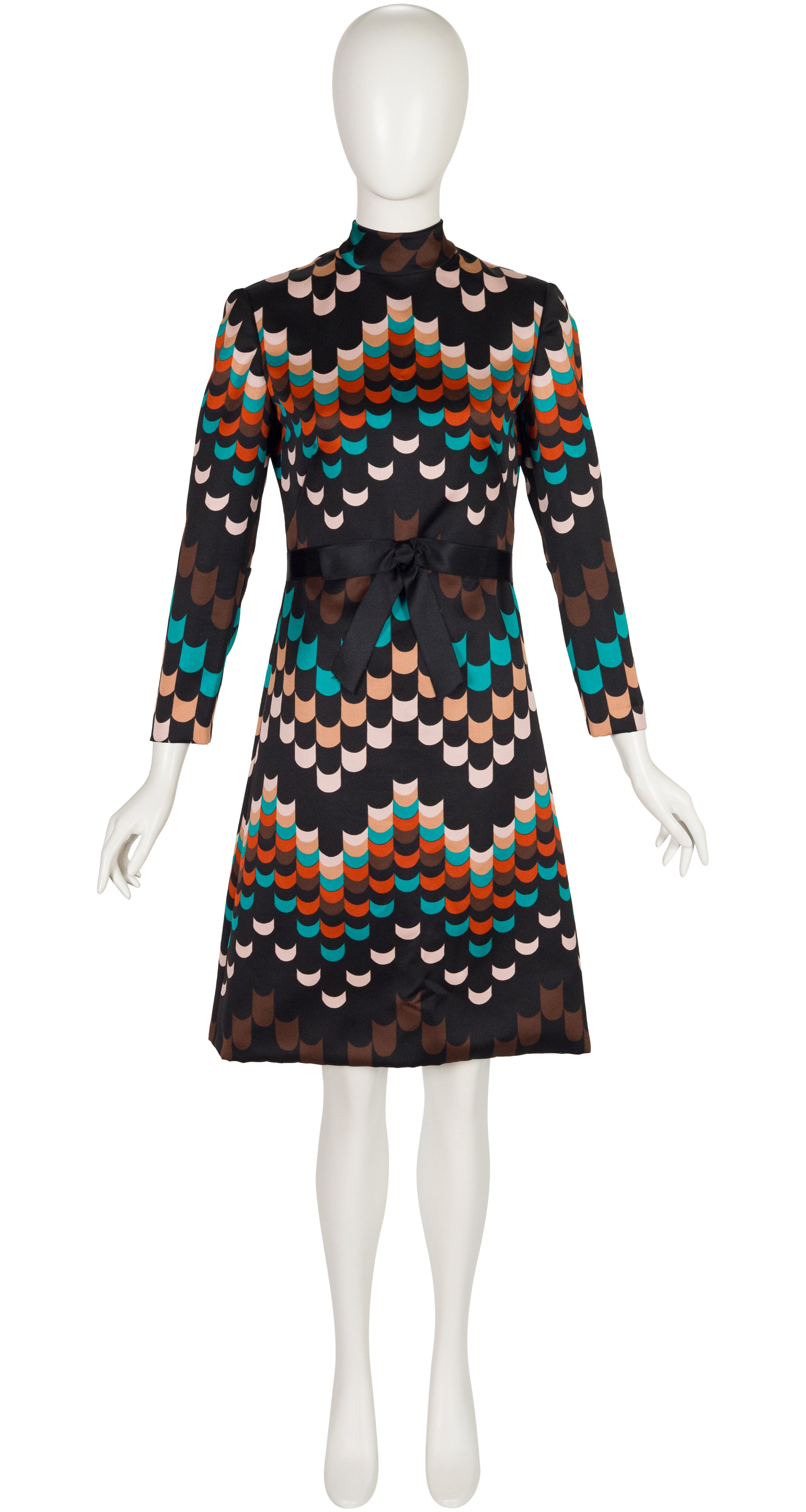 1970s Geometric Print Mock Neck A-Line Dress