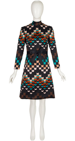 1970s Geometric Print Mock Neck A-Line Dress