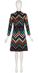 1970s Geometric Print Mock Neck A-Line Dress