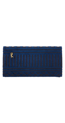 1970s "R" Logo Geometric Blue Velvet Envelope Clutch