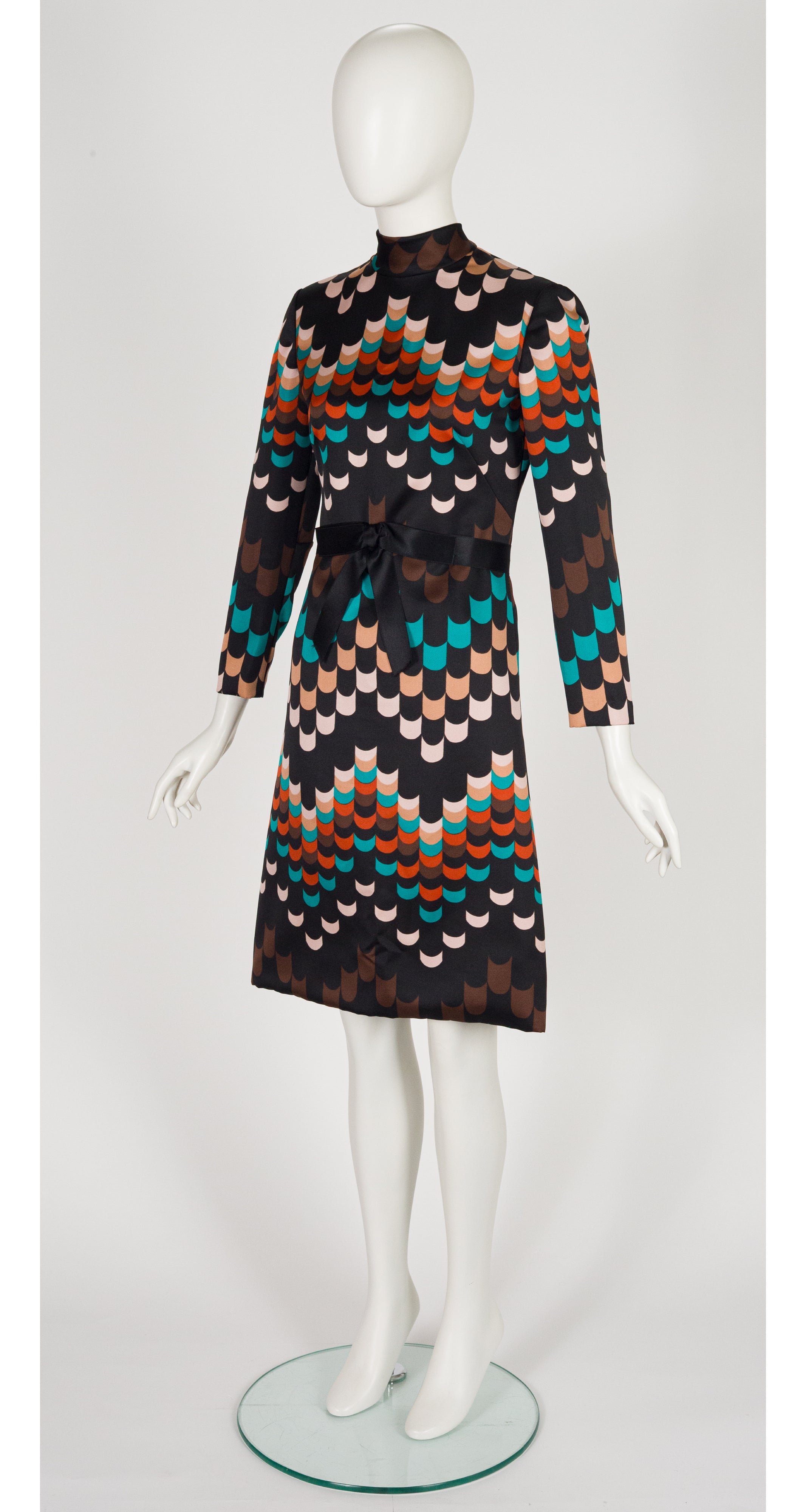 1970s Geometric Print Mock Neck A-Line Dress