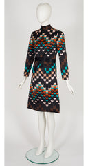 1970s Geometric Print Mock Neck A-Line Dress