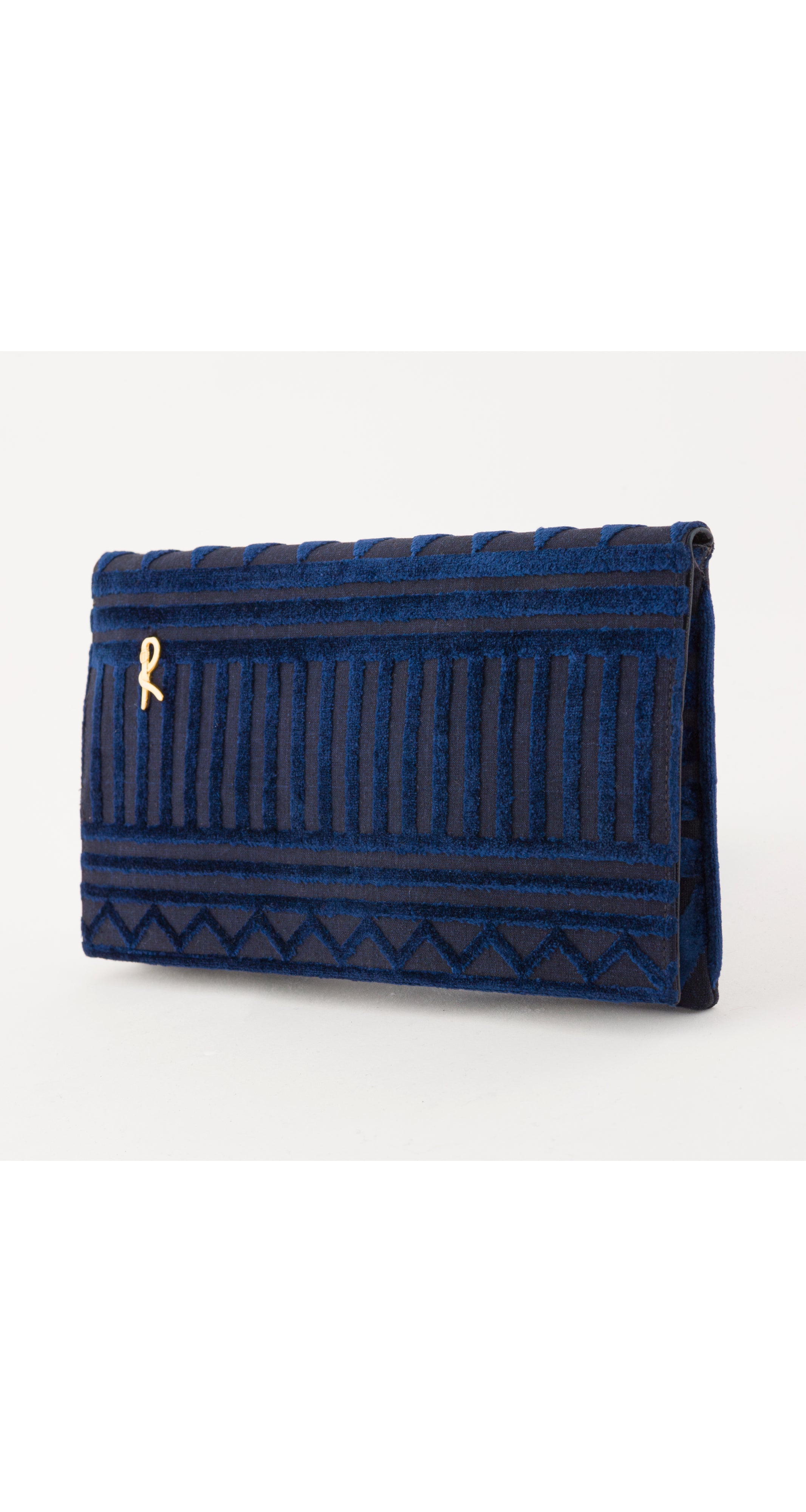 1970s "R" Logo Geometric Blue Velvet Envelope Clutch