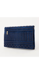 1970s "R" Logo Geometric Blue Velvet Envelope Clutch