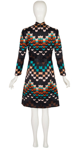 1970s Geometric Print Mock Neck A-Line Dress