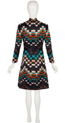 1970s Geometric Print Mock Neck A-Line Dress
