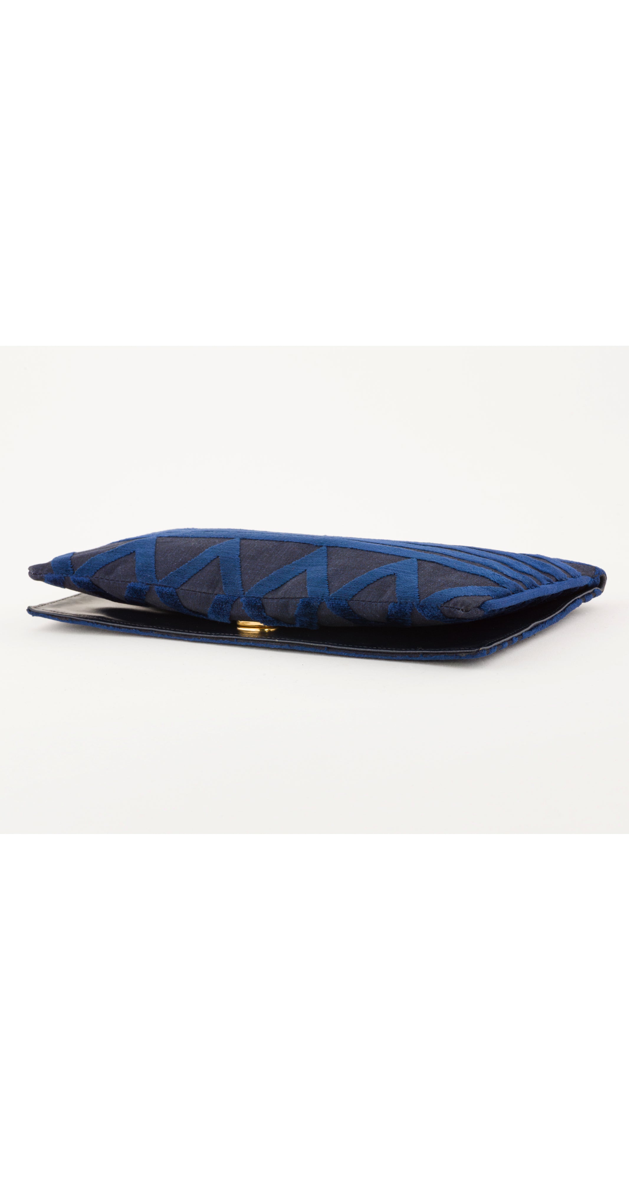 1970s "R" Logo Geometric Blue Velvet Envelope Clutch