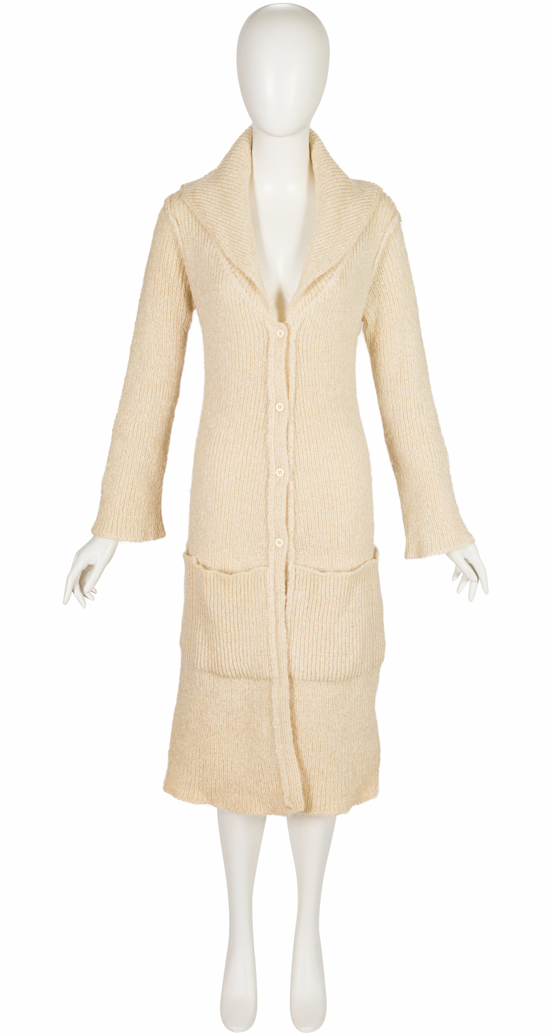 1970s Cream Wool Ribbed Knit Long Cardigan