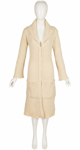1970s Cream Wool Ribbed Knit Long Cardigan