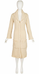 1970s Cream Wool Ribbed Knit Long Cardigan