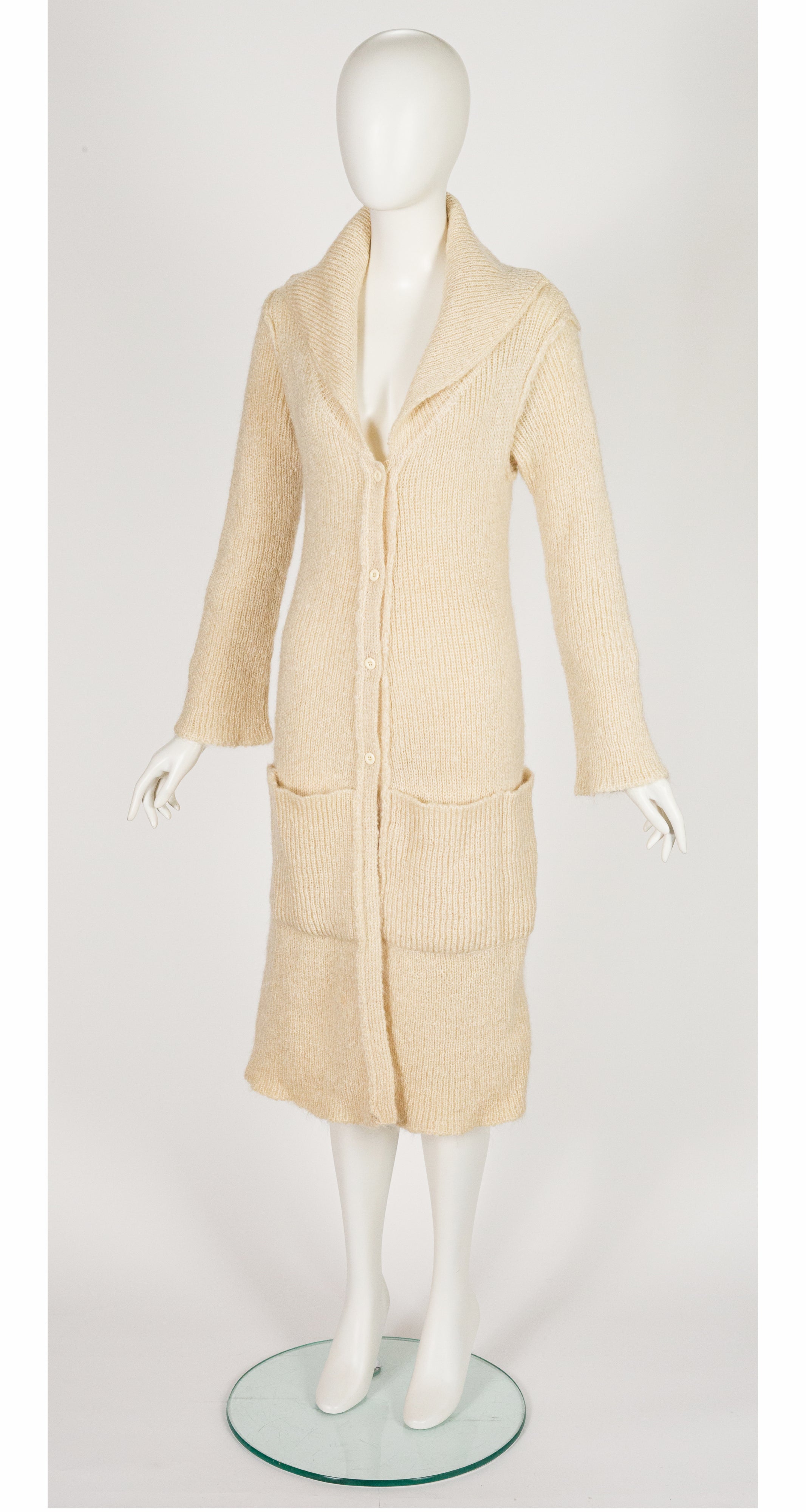1970s Cream Wool Ribbed Knit Long Cardigan
