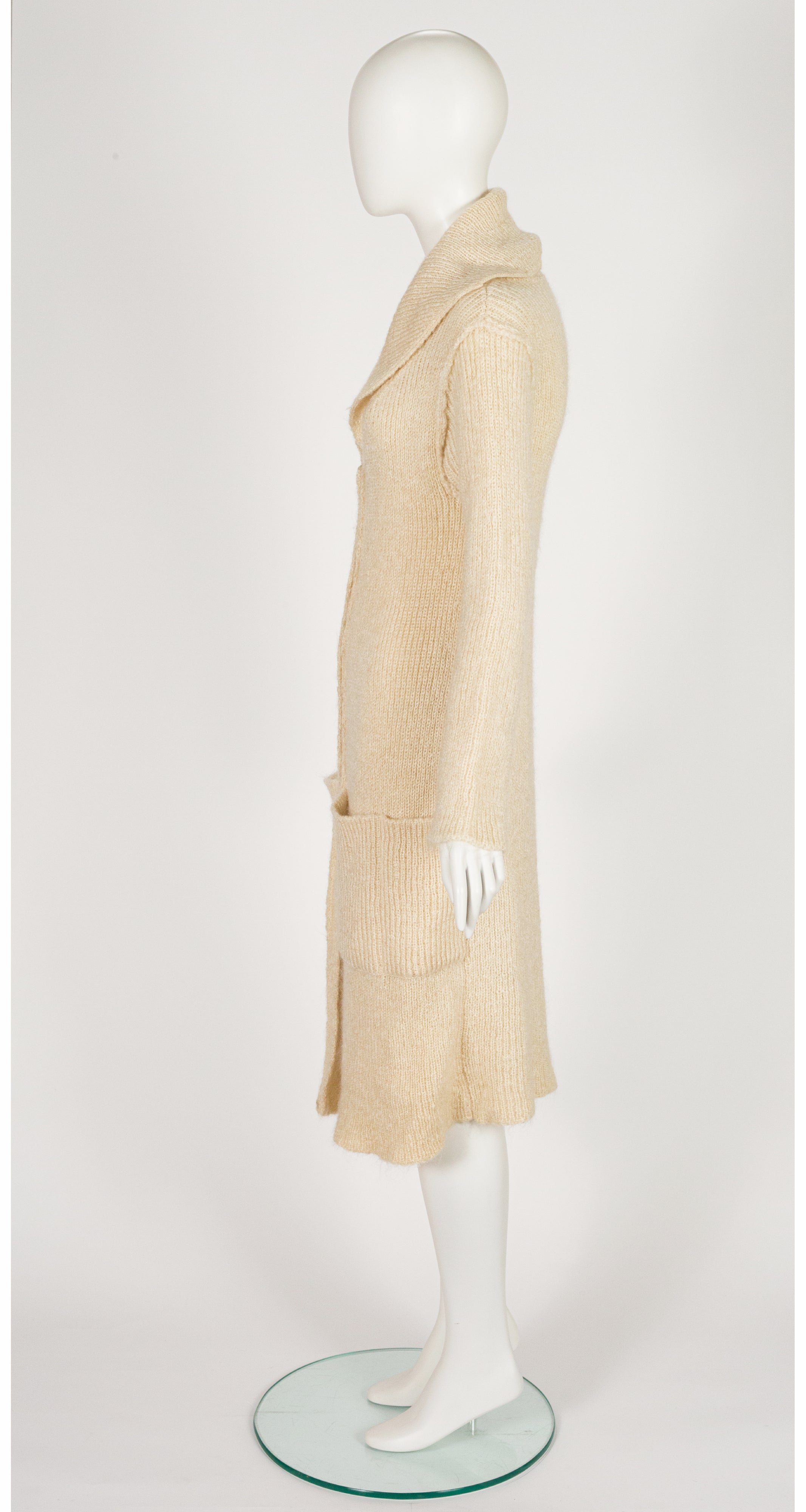 1970s Cream Wool Ribbed Knit Long Cardigan
