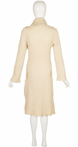 1970s Cream Wool Ribbed Knit Long Cardigan
