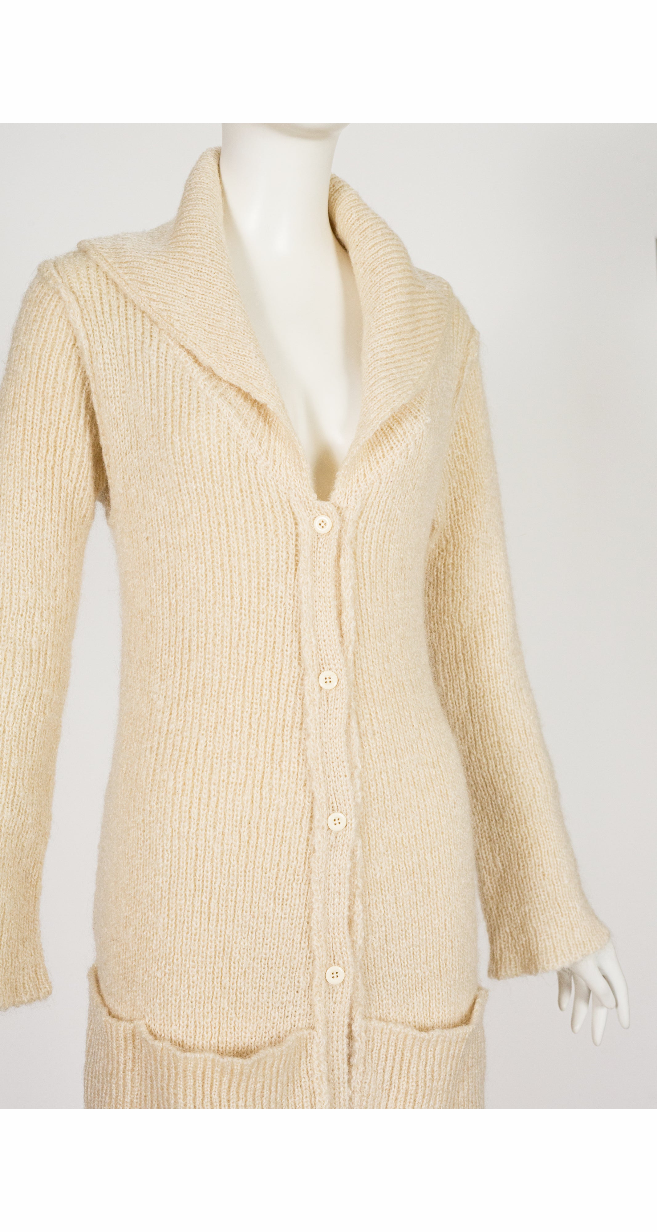 1970s Cream Wool Ribbed Knit Long Cardigan