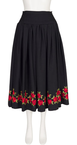 1970s Rose Embroidered Black Peasant Full Midi Skirt