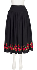 1970s Rose Embroidered Black Peasant Full Midi Skirt