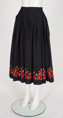 1970s Rose Embroidered Black Peasant Full Midi Skirt