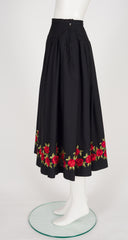 1970s Rose Embroidered Black Peasant Full Midi Skirt