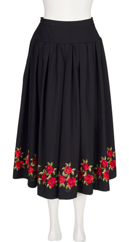 1970s Rose Embroidered Black Peasant Full Midi Skirt